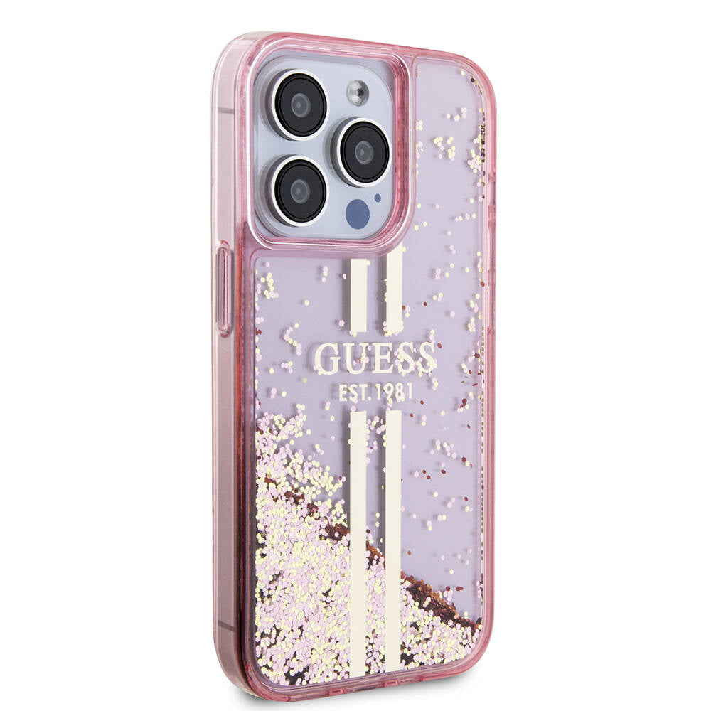 iPhone 15 Pro Kılıf Guess Orijinal Lisanslı Transparan Sıvılı Simli Altın Çizgili Kılıf