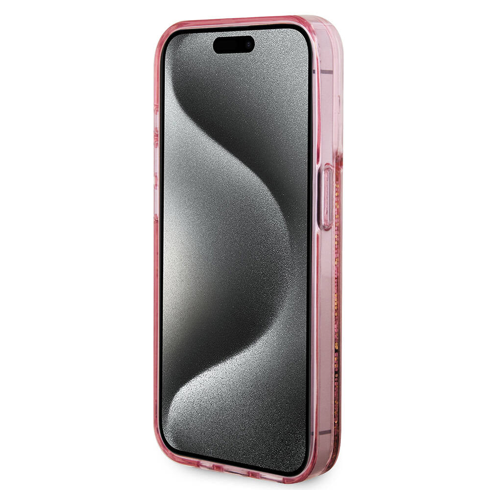 iPhone 15 Pro Kılıf Guess Orijinal Lisanslı Transparan Sıvılı Simli Altın Çizgili Kılıf