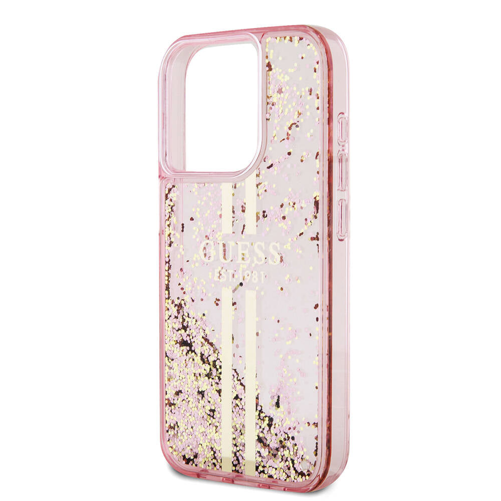 iPhone 15 Pro Kılıf Guess Orijinal Lisanslı Transparan Sıvılı Simli Altın Çizgili Kılıf