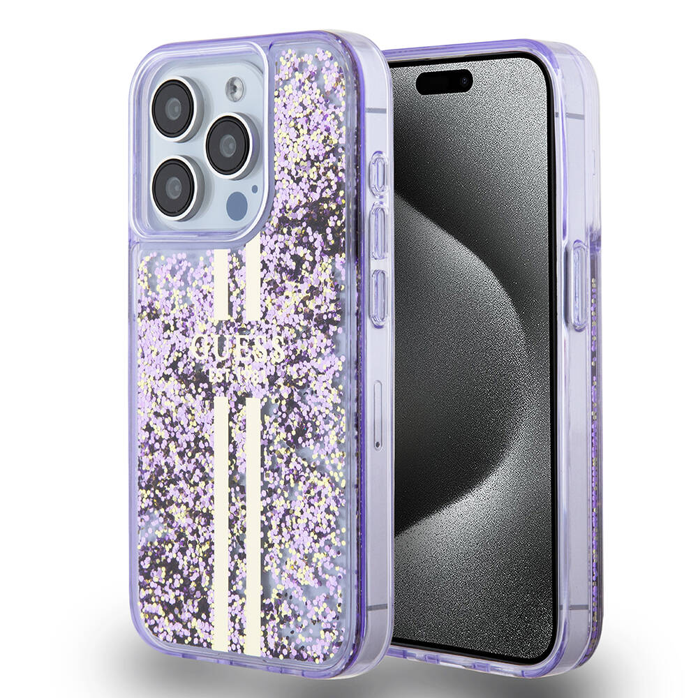 iPhone 15 Pro Kılıf Guess Orijinal Lisanslı Transparan Sıvılı Simli Altın Çizgili Kılıf