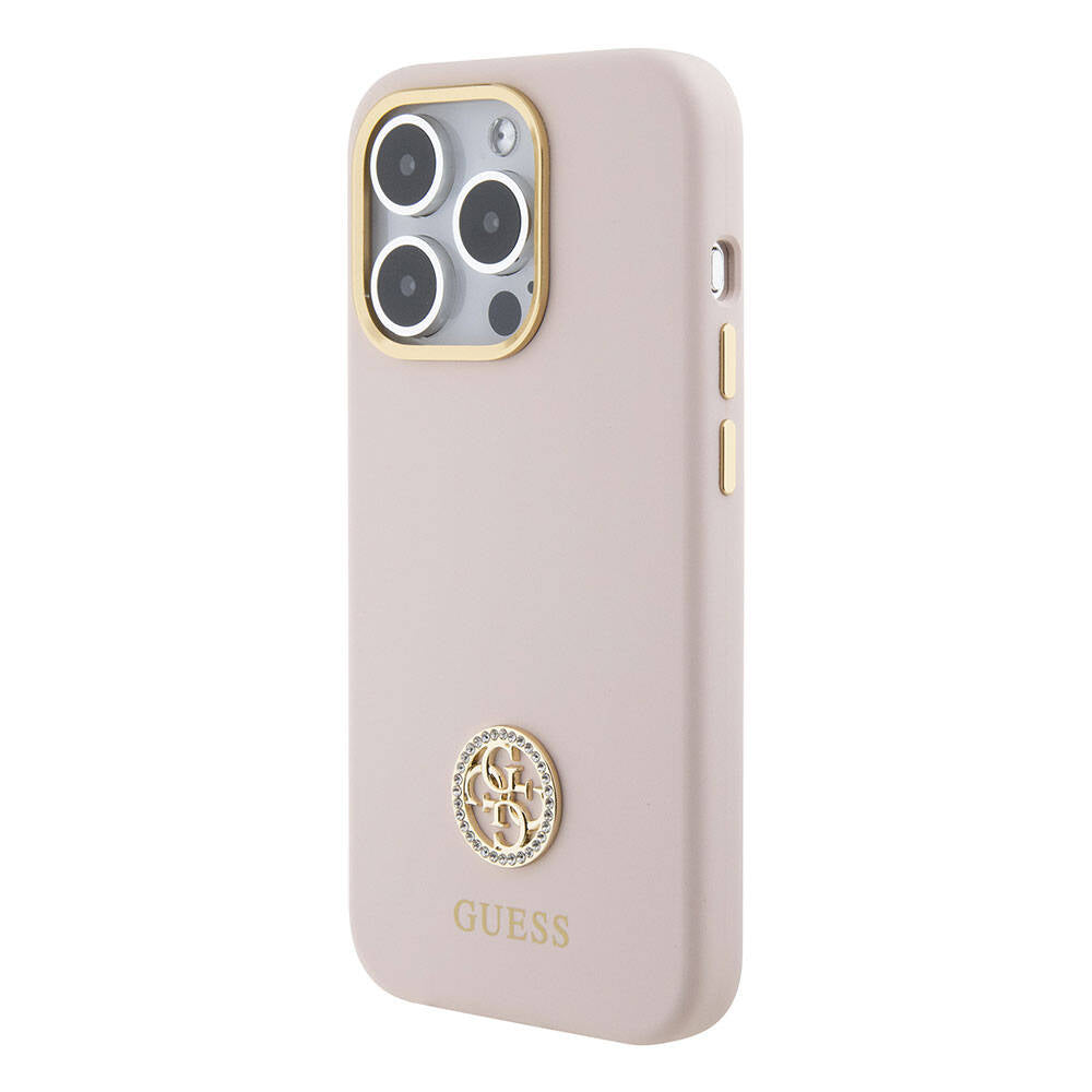 iPhone 15 Pro Kılıf Guess Orijinal Lisanslı Yazı ve Taşlı 4G Logolu Metal Kamera Çerçeveli Silikon Kılıf
