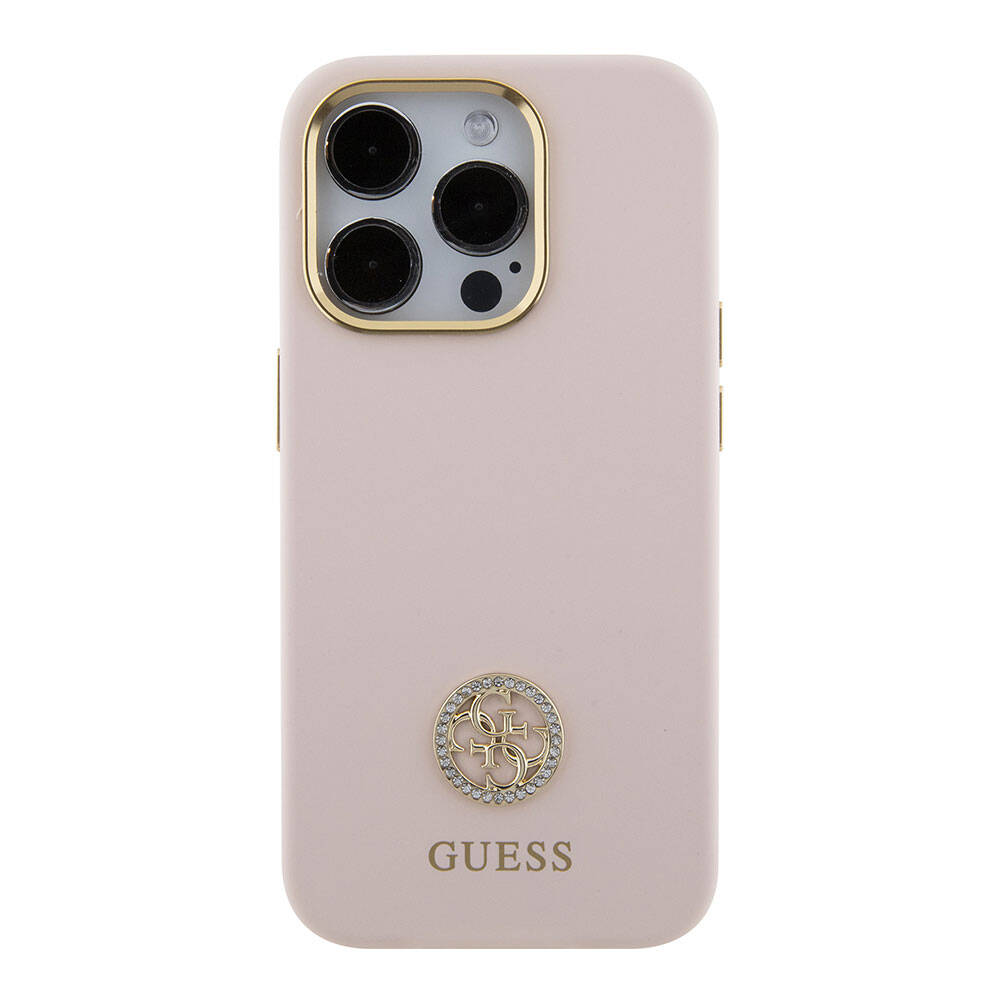 iPhone 15 Pro Kılıf Guess Orijinal Lisanslı Yazı ve Taşlı 4G Logolu Metal Kamera Çerçeveli Silikon Kılıf