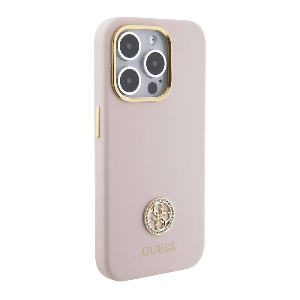 iPhone 15 Pro Kılıf Guess Orijinal Lisanslı Yazı ve Taşlı 4G Logolu Metal Kamera Çerçeveli Silikon Kılıf