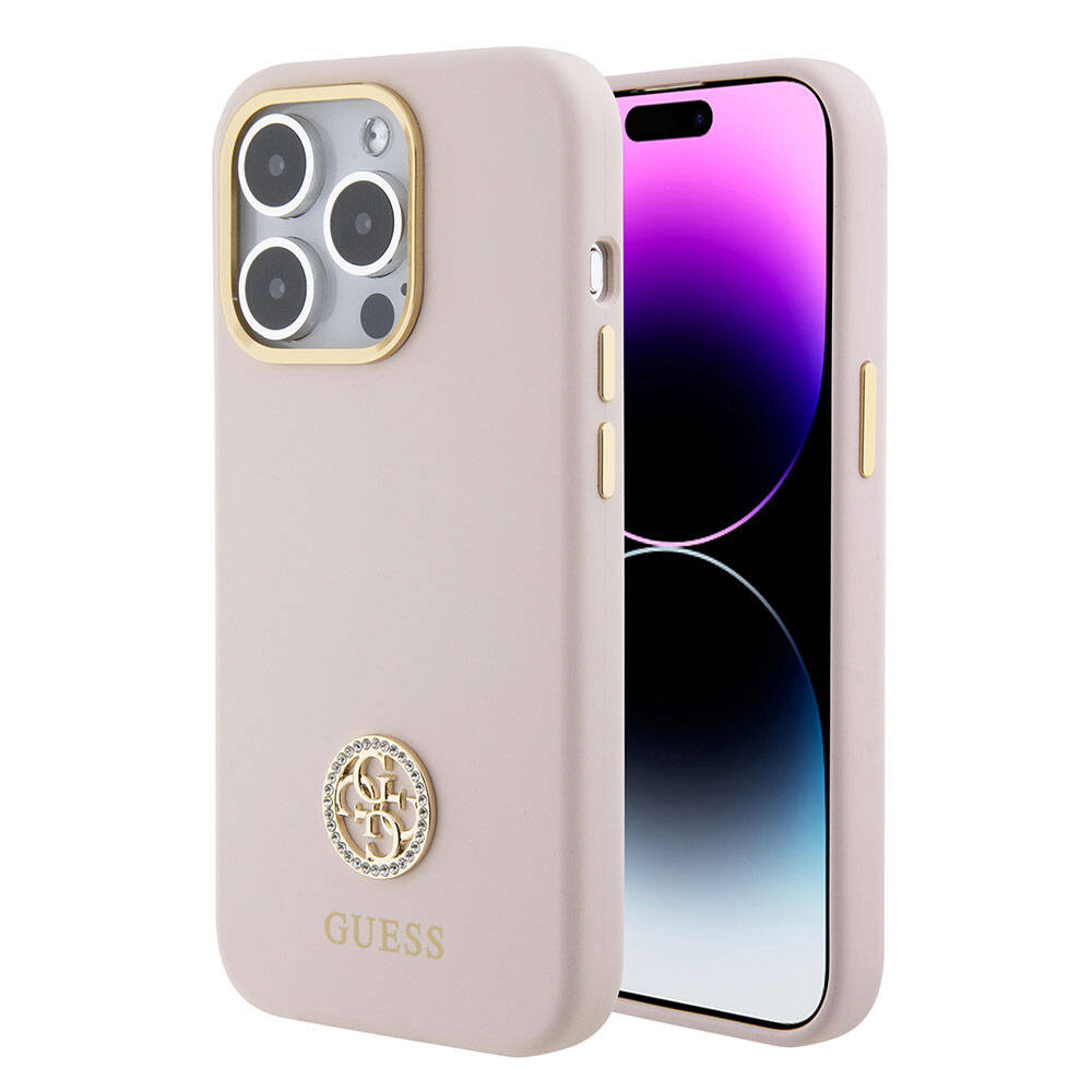 iPhone 15 Pro Kılıf Guess Orijinal Lisanslı Yazı ve Taşlı 4G Logolu Metal Kamera Çerçeveli Silikon Kılıf