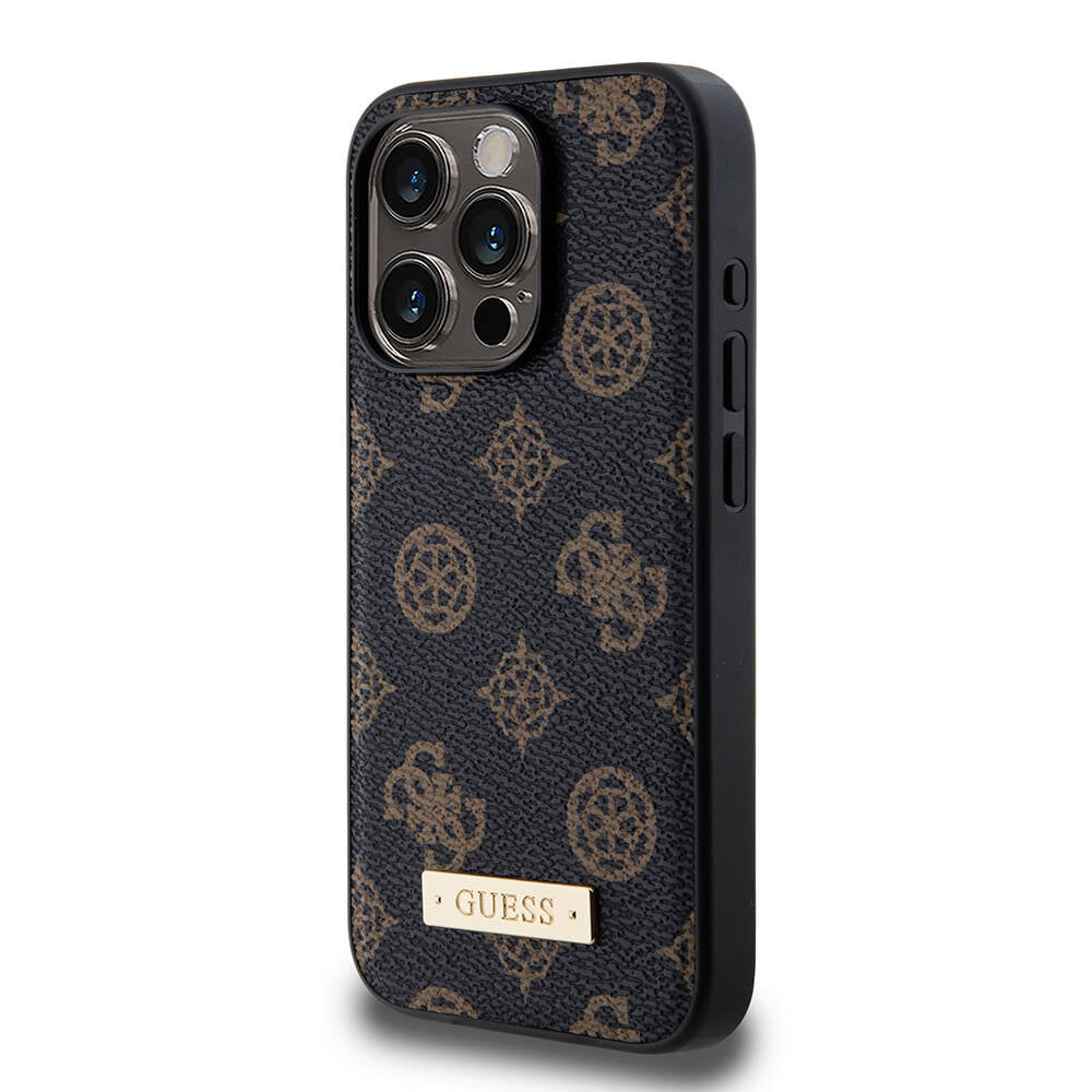 iPhone 15 Pro Kılıf Guess M-safe Şarj Özellikli PU Deri Desenli Metal Plaka Logolu Kılıf