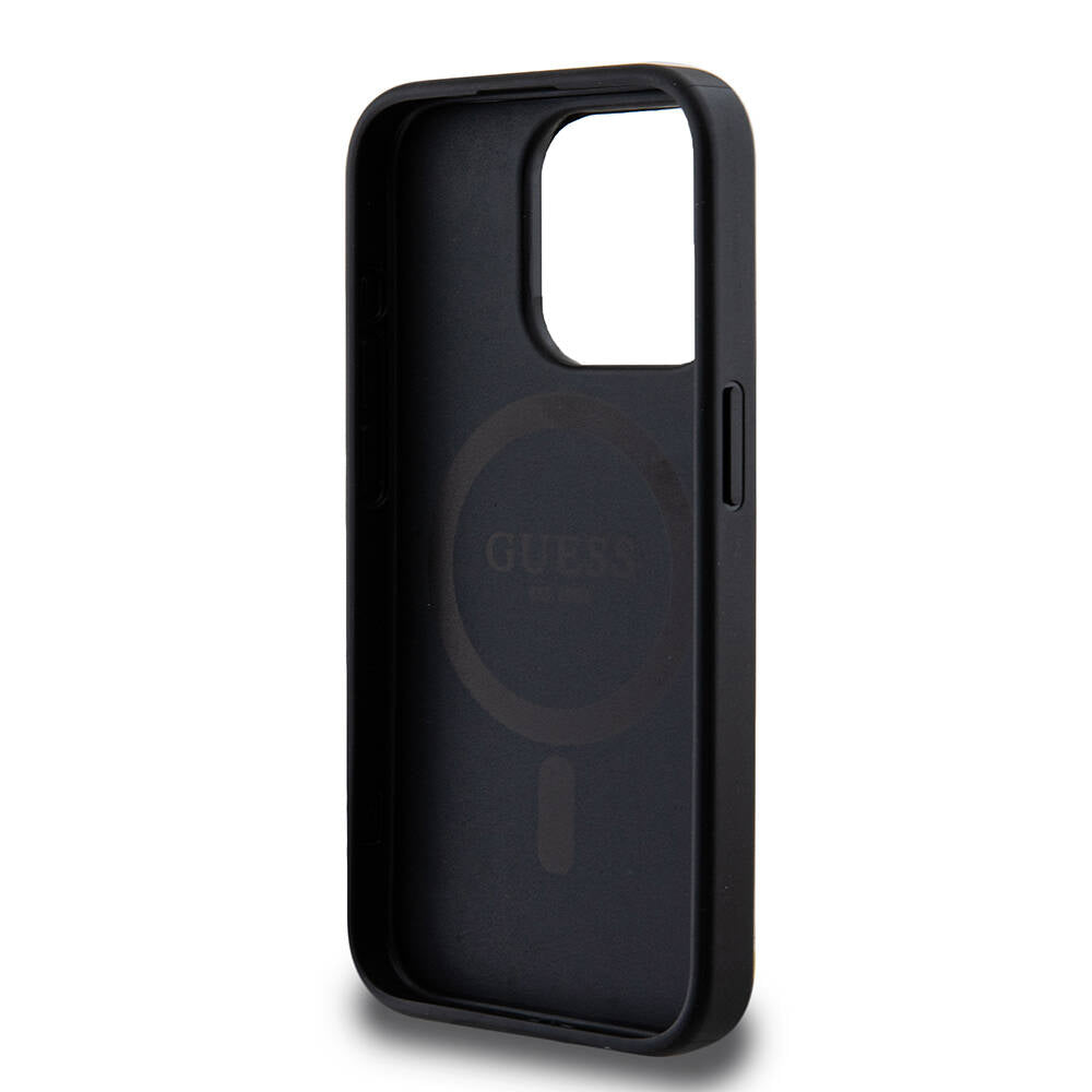 iPhone 15 Pro Kılıf Guess M-safe Şarj Özellikli PU Deri Desenli Metal Plaka Logolu Kılıf