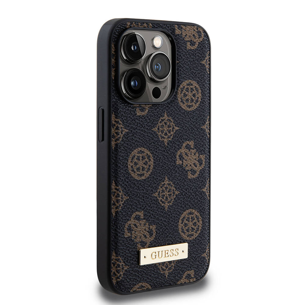iPhone 15 Pro Kılıf Guess M-safe Şarj Özellikli PU Deri Desenli Metal Plaka Logolu Kılıf