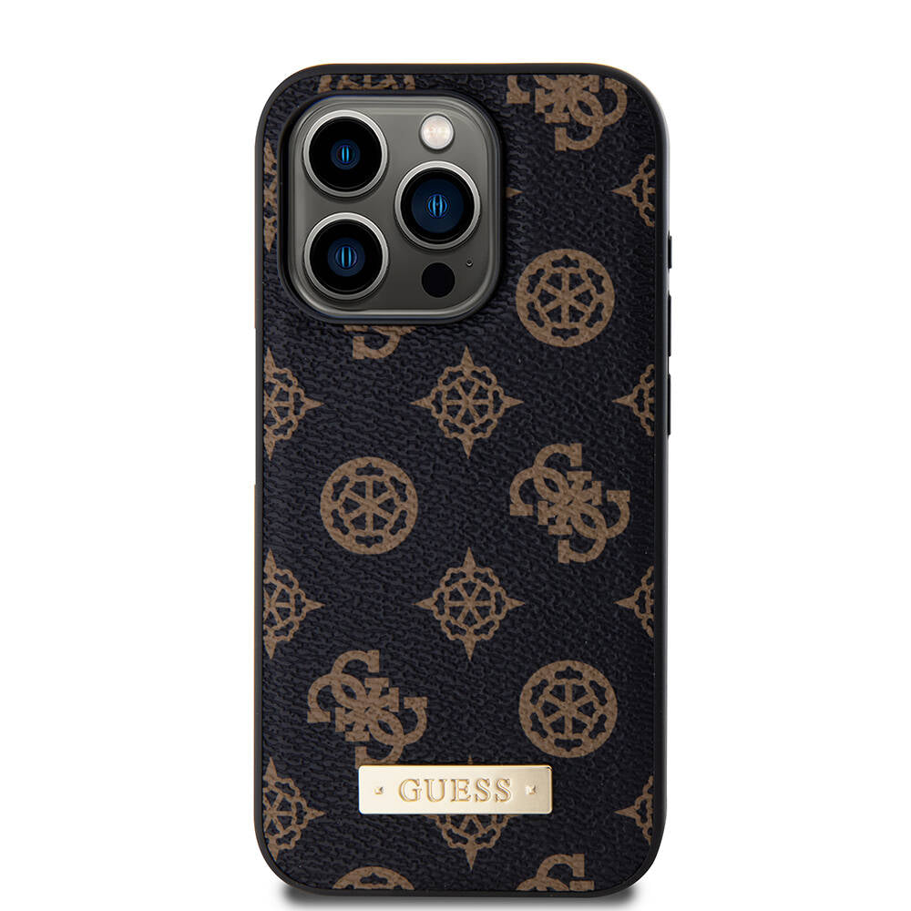 iPhone 15 Pro Kılıf Guess M-safe Şarj Özellikli PU Deri Desenli Metal Plaka Logolu Kılıf