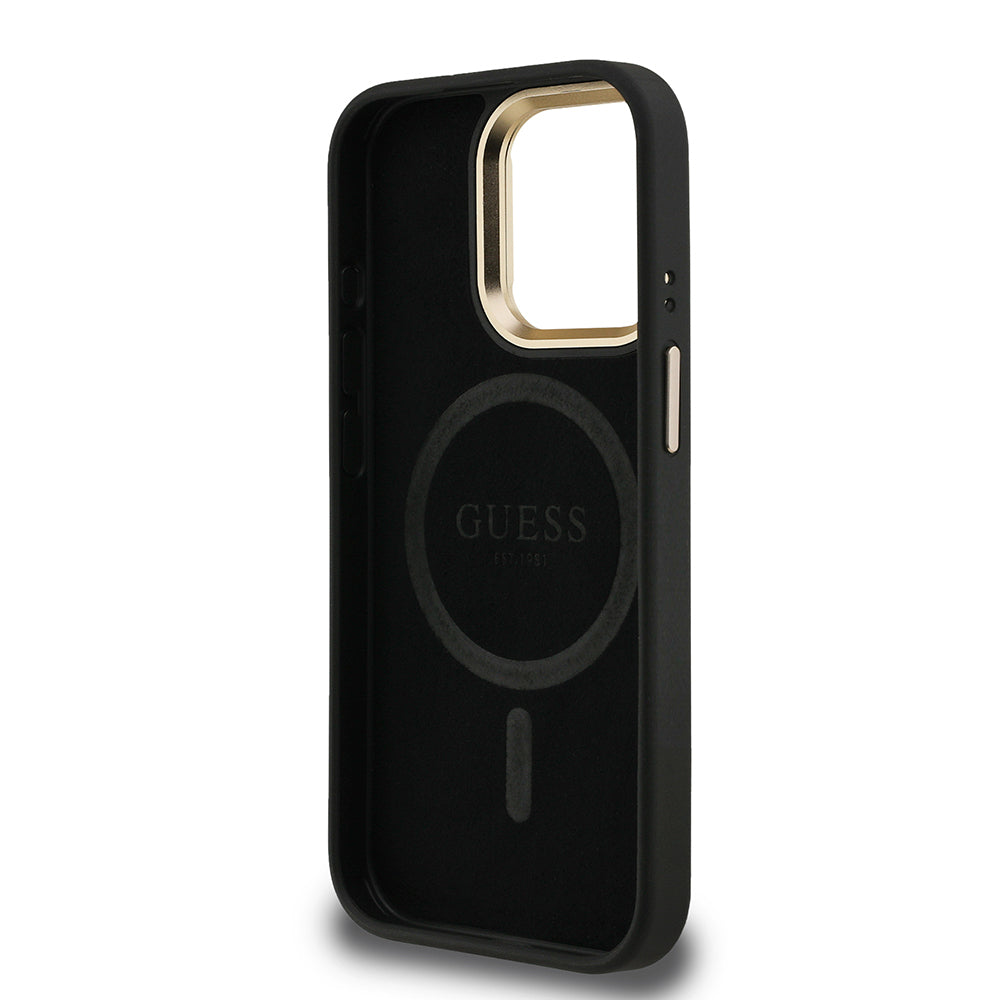 iPhone 15 Pro Kılıf Guess orijinal Lisanslı PU Deri Taşlı Üçgen Logo 4G Desenli Kamera Standlı Kılıf
