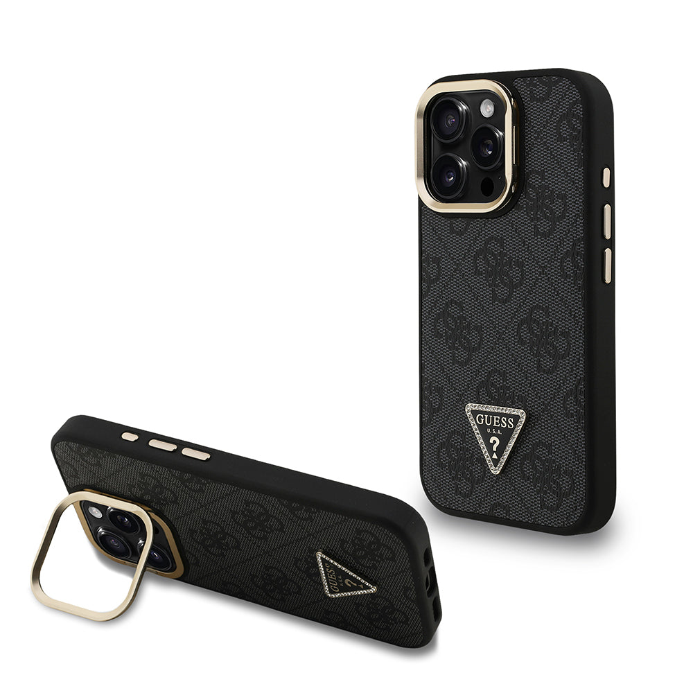 iPhone 15 Pro Kılıf Guess orijinal Lisanslı PU Deri Taşlı Üçgen Logo 4G Desenli Kamera Standlı Kılıf