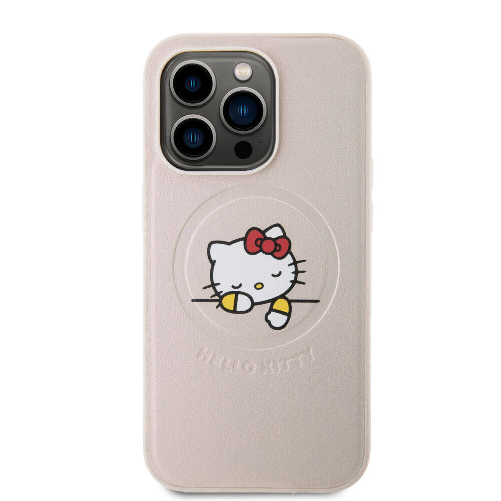 iPhone 15 Pro Kılıf Hello Kitty Orijinal Lisanslı M-safe Şarj Özellikli Baskı Logolu Uyuyan Kitty Deri Kılıf