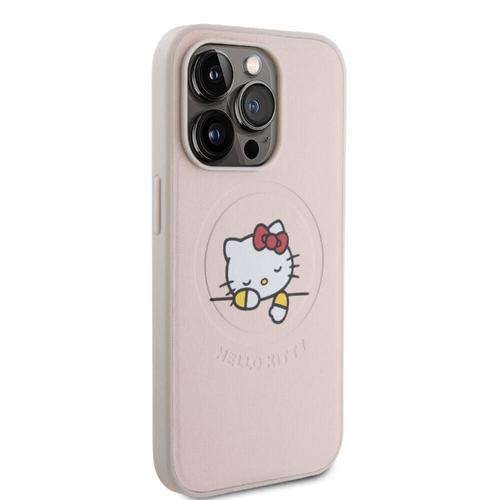 iPhone 15 Pro Kılıf Hello Kitty Orijinal Lisanslı M-safe Şarj Özellikli Baskı Logolu Uyuyan Kitty Deri Kılıf