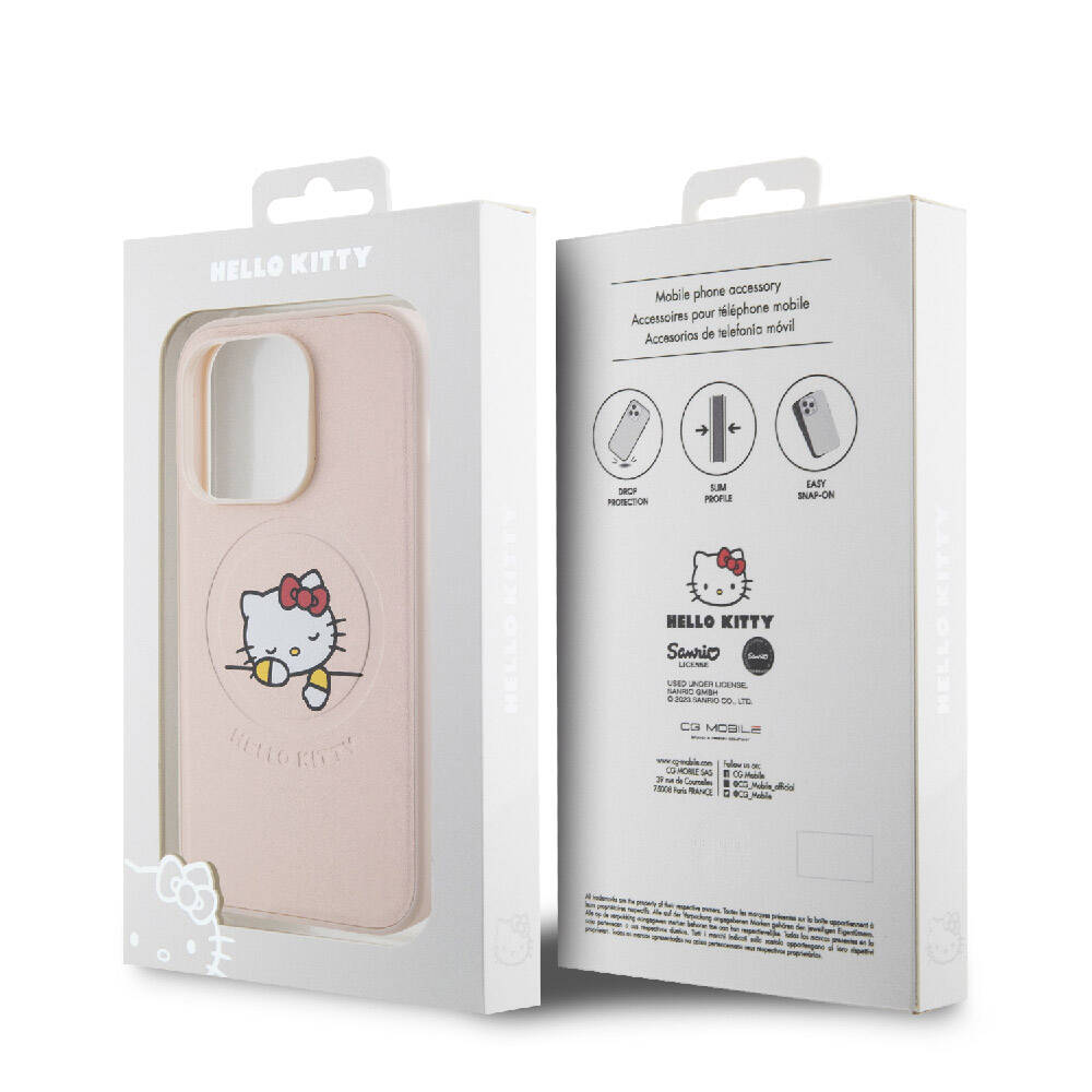 iPhone 15 Pro Kılıf Hello Kitty Orijinal Lisanslı M-safe Şarj Özellikli Baskı Logolu Uyuyan Kitty Deri Kılıf