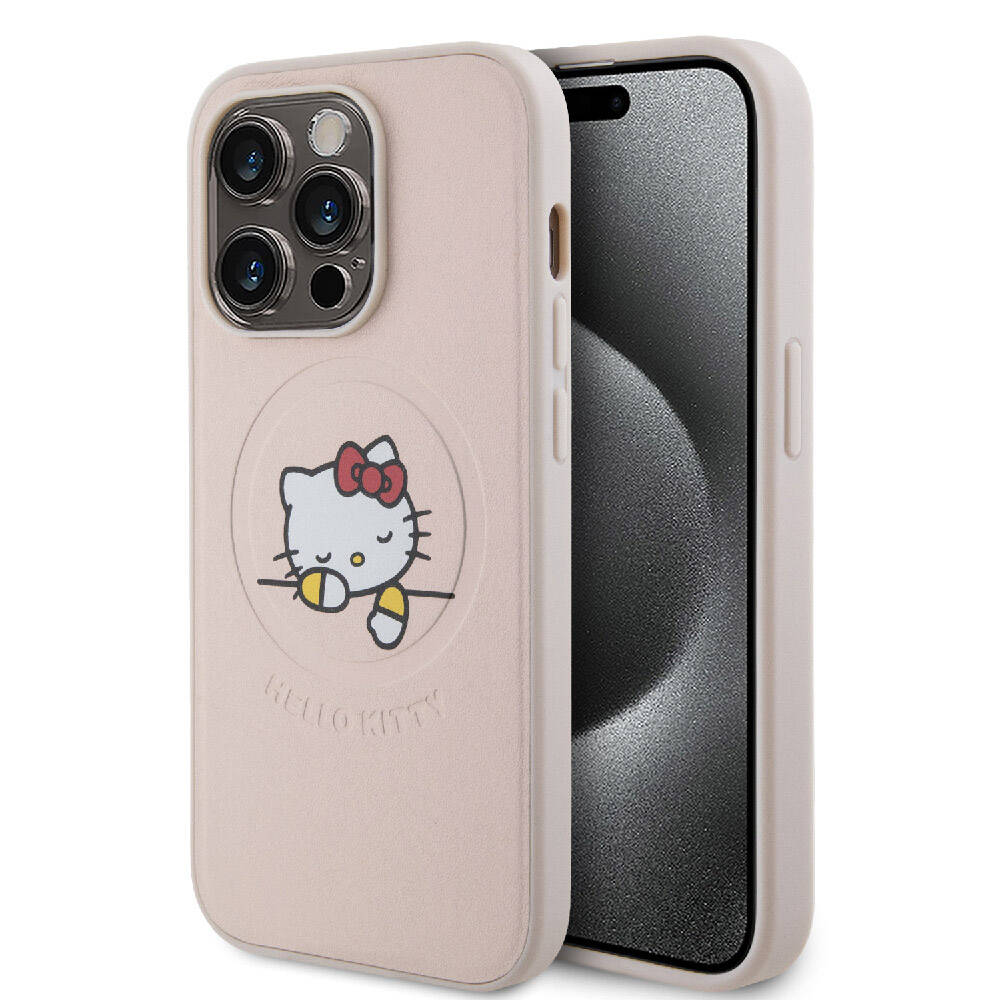 iPhone 15 Pro Kılıf Hello Kitty Orijinal Lisanslı M-safe Şarj Özellikli Baskı Logolu Uyuyan Kitty Deri Kılıf