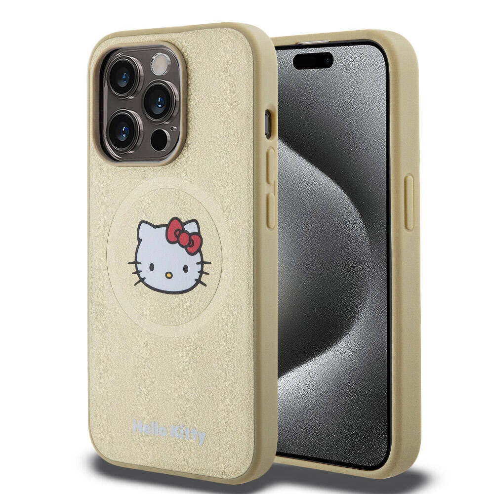 iPhone 15 Pro Kılıf Hello Kitty Orijinal Lisanslı M-safe Şarj Özellikli Kitty Head Deri Kılıf