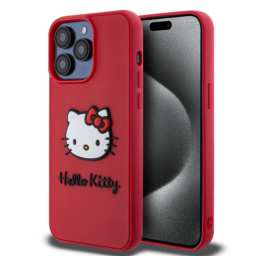 iPhone 15 Pro Kılıf Hello Kitty Orijinal Lisanslı Yazı ve İkonik Logolu 3D Rubber Kitty Head Kılıf