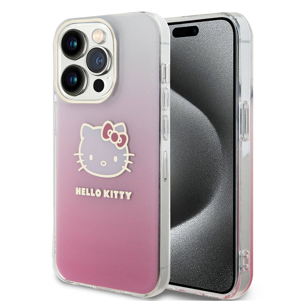 iPhone 15 Pro Kılıf Hello Kitty Orijinal Lisanslı Yazı ve İkonik Logolu Elektroplating Kaplama Gradyan Kılıf