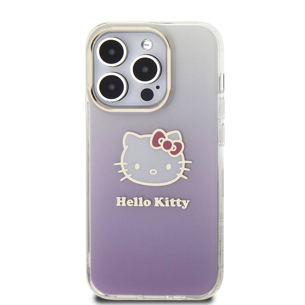iPhone 15 Pro Kılıf Hello Kitty Orijinal Lisanslı Yazı ve İkonik Logolu Elektroplating Kaplama Gradyan Kılıf