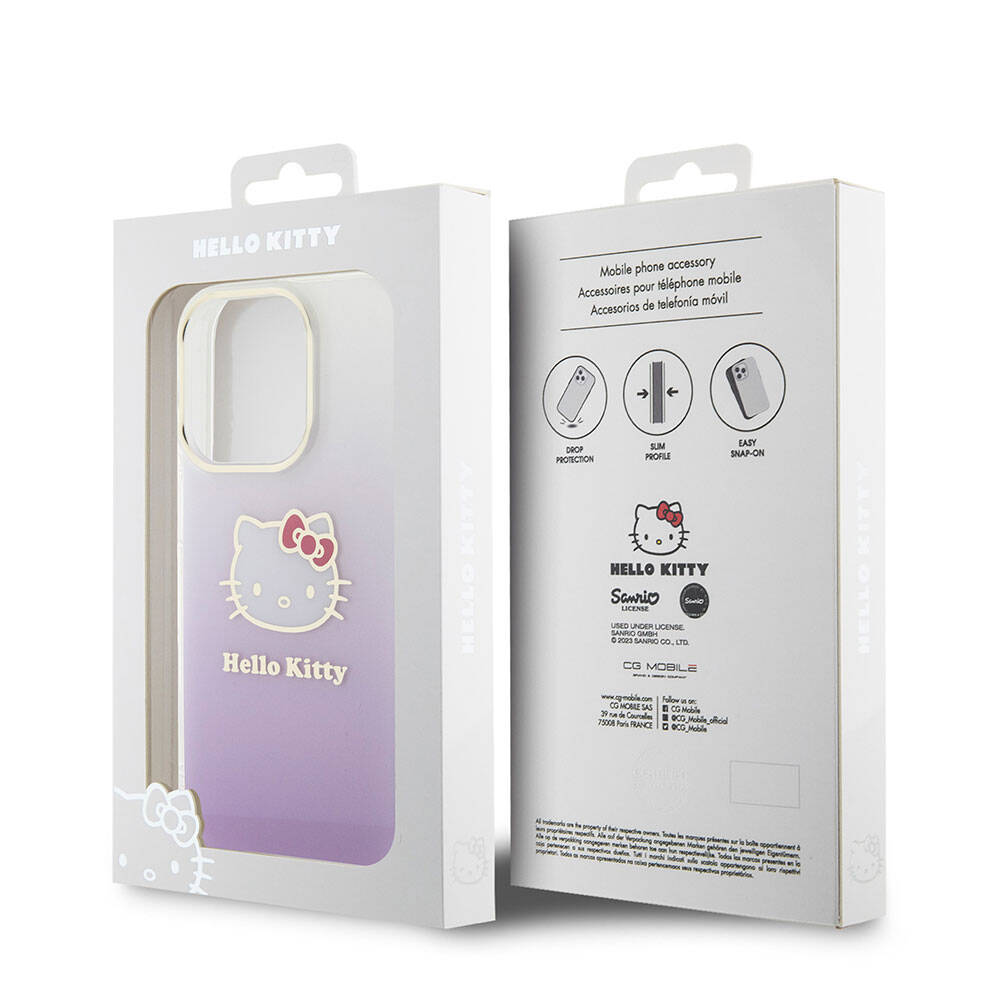 iPhone 15 Pro Kılıf Hello Kitty Orijinal Lisanslı Yazı ve İkonik Logolu Elektroplating Kaplama Gradyan Kılıf