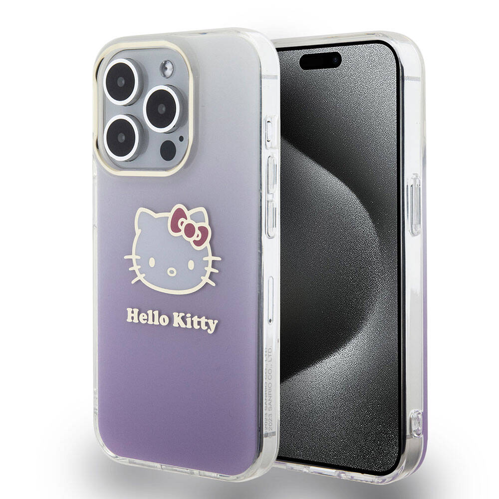 iPhone 15 Pro Kılıf Hello Kitty Orijinal Lisanslı Yazı ve İkonik Logolu Elektroplating Kaplama Gradyan Kılıf