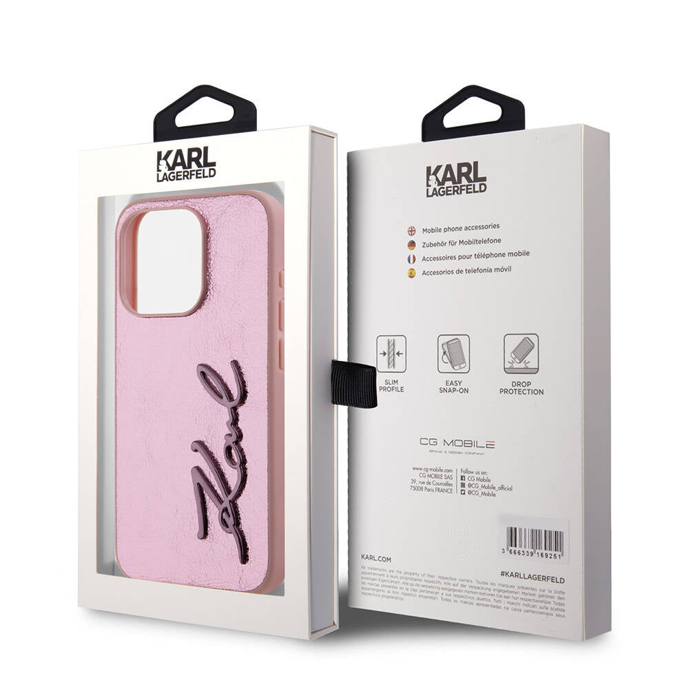 iPhone 15 Pro Kılıf Karl Lagerfeld orijinal Lisanslı 3D KL Yazılı Tüylü Arka Yüzey Saffiano Rhinestones Kılıf