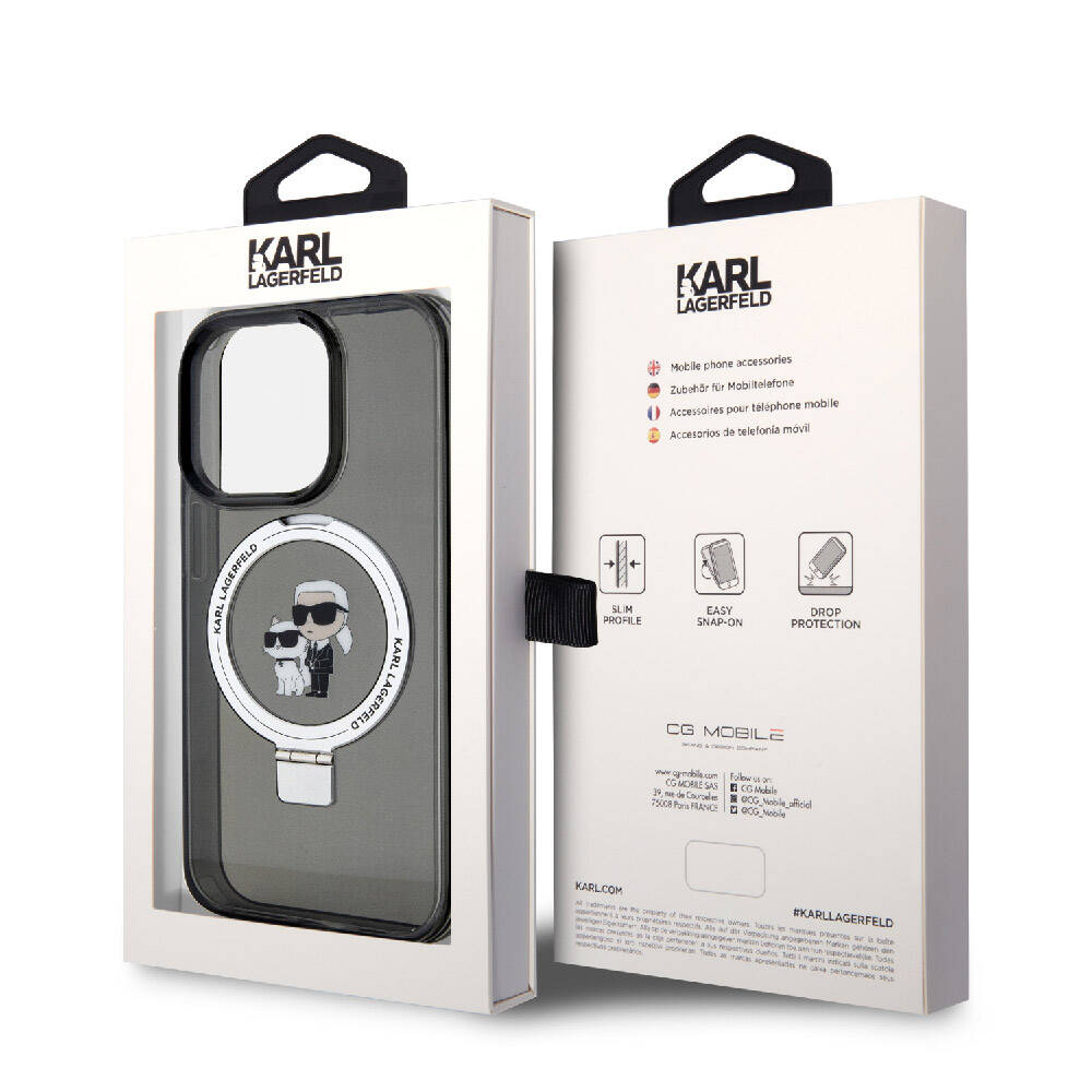 iPhone 15 Pro Kılıf Karl Lagerfeld orijinal Lisanslı M-safe Şarj Özellikli K&C İkonik Baskılı Ring Standlı Kılıf