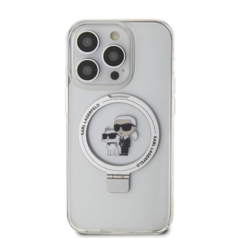 iPhone 15 Pro Kılıf Karl Lagerfeld orijinal Lisanslı M-safe Şarj Özellikli K&C İkonik Baskılı Ring Standlı Kılıf