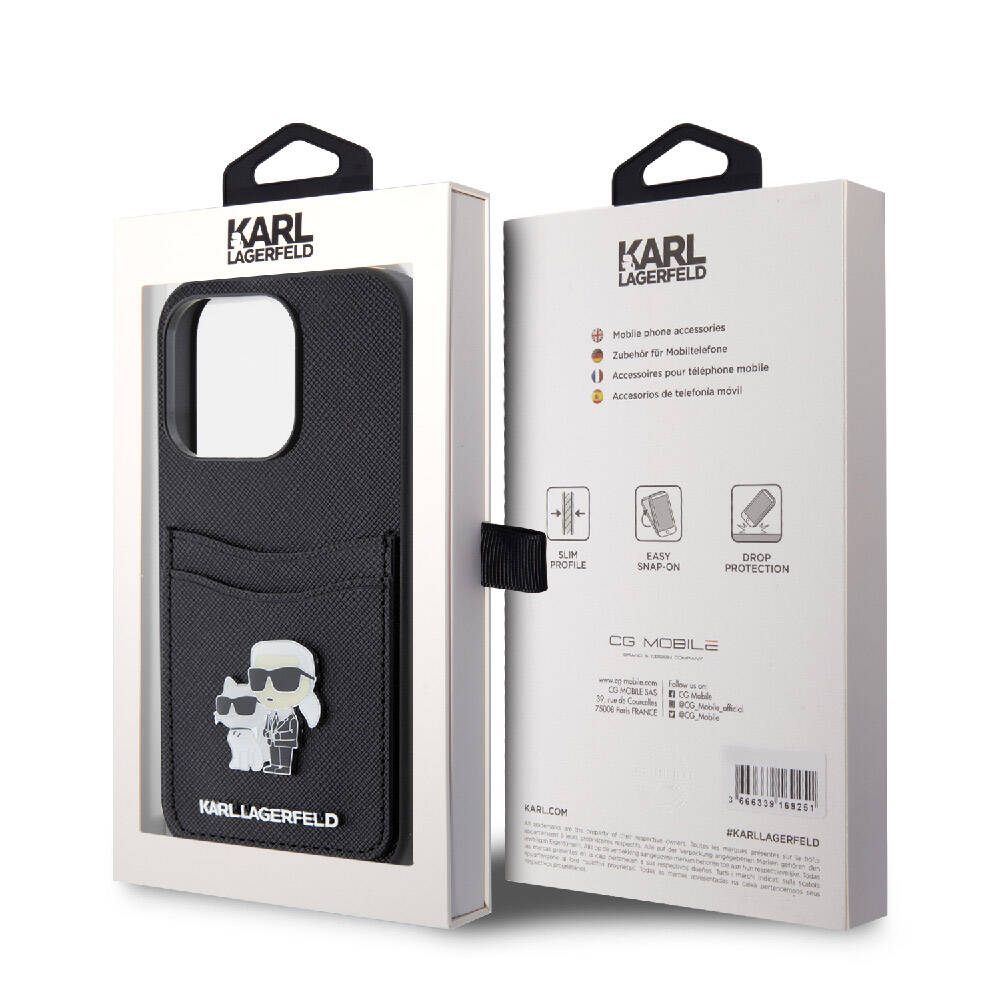 iPhone 15 Pro Kılıf Karl Lagerfeld orijinal Lisanslı Metal Logo Kartlıklı Saffiano Kılıf