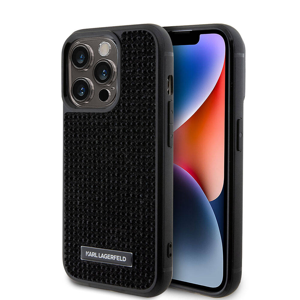 iPhone 15 Pro Kılıf Karl Lagerfeld Taşlı Metal Logo Orijinal Lisanslı Kılıf