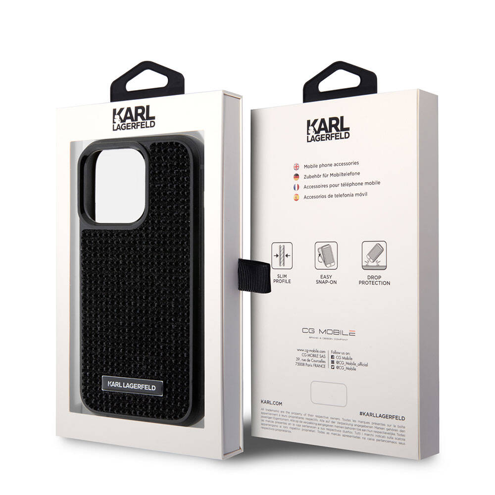 iPhone 15 Pro Kılıf Karl Lagerfeld Taşlı Metal Logo Orijinal Lisanslı Kılıf