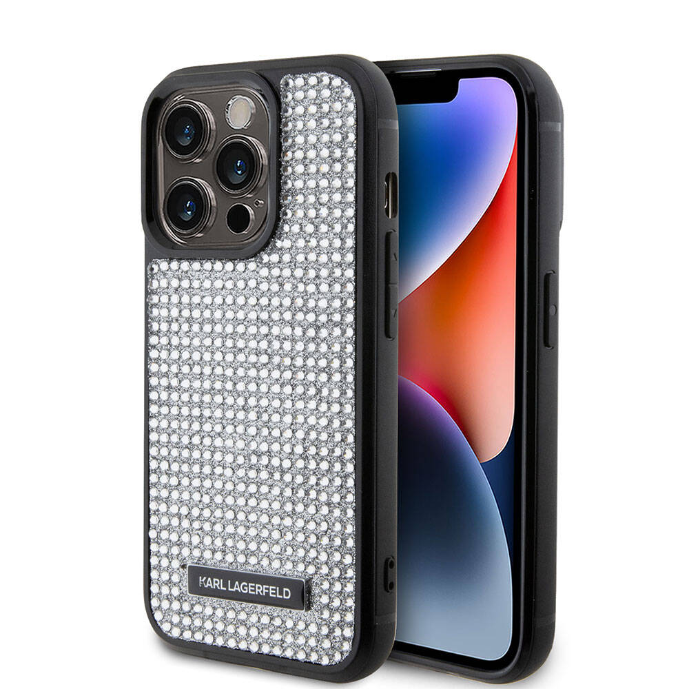 iPhone 15 Pro Kılıf Karl Lagerfeld Taşlı Metal Logo Orijinal Lisanslı Kılıf