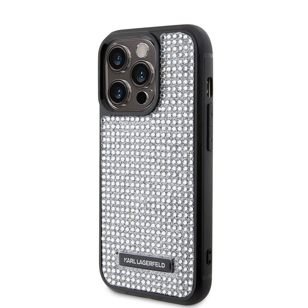 iPhone 15 Pro Kılıf Karl Lagerfeld Taşlı Metal Logo Orijinal Lisanslı Kılıf