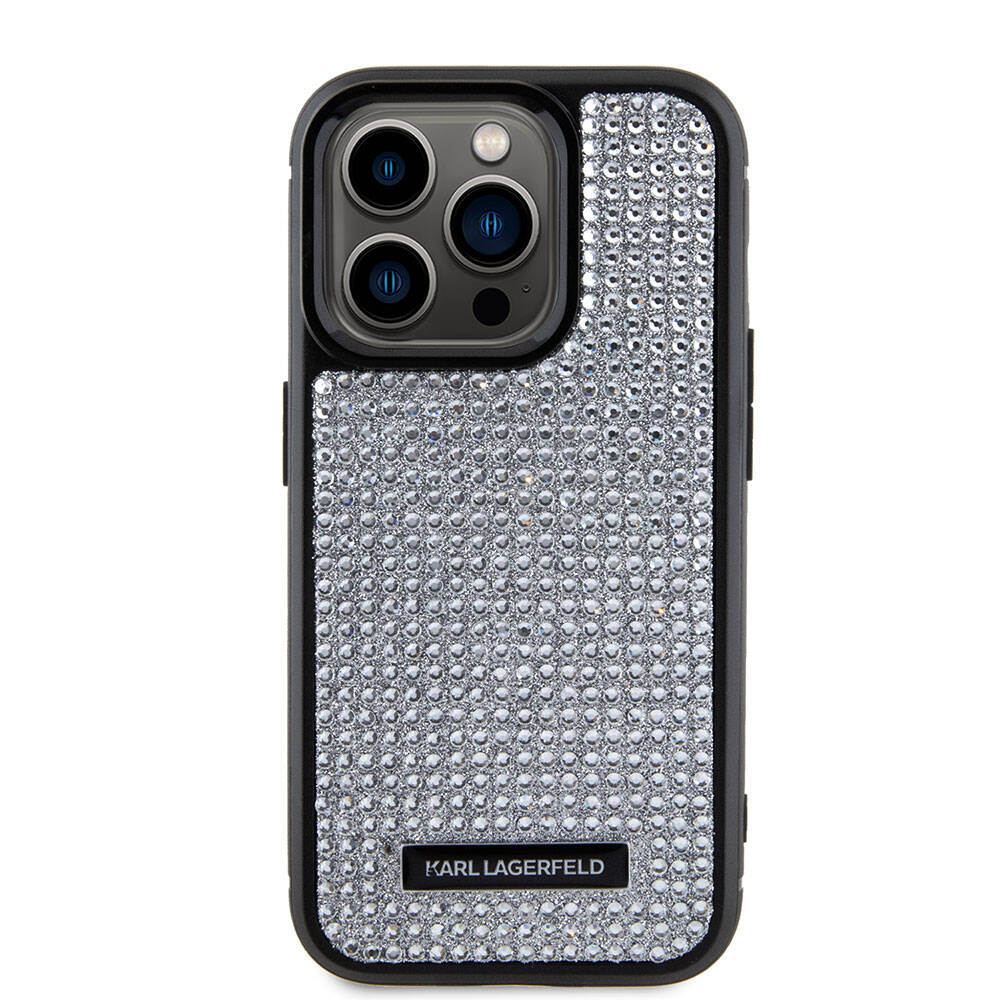 iPhone 15 Pro Kılıf Karl Lagerfeld Taşlı Metal Logo Orijinal Lisanslı Kılıf