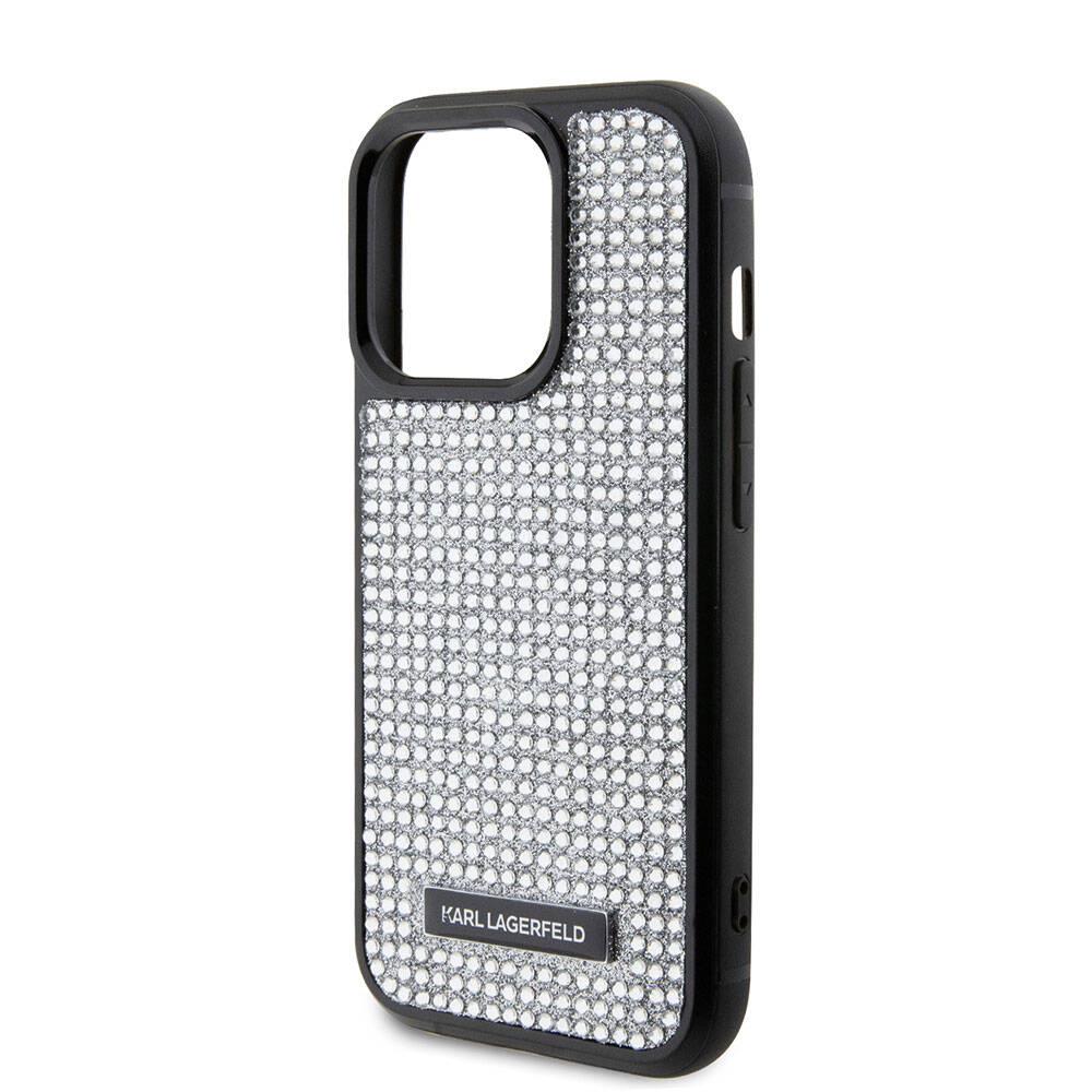 iPhone 15 Pro Kılıf Karl Lagerfeld Taşlı Metal Logo Orijinal Lisanslı Kılıf