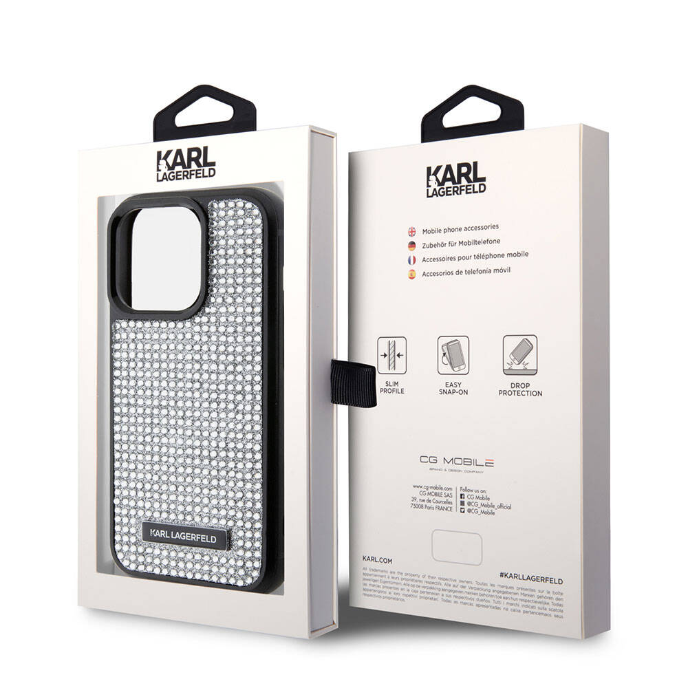 iPhone 15 Pro Kılıf Karl Lagerfeld Taşlı Metal Logo Orijinal Lisanslı Kılıf
