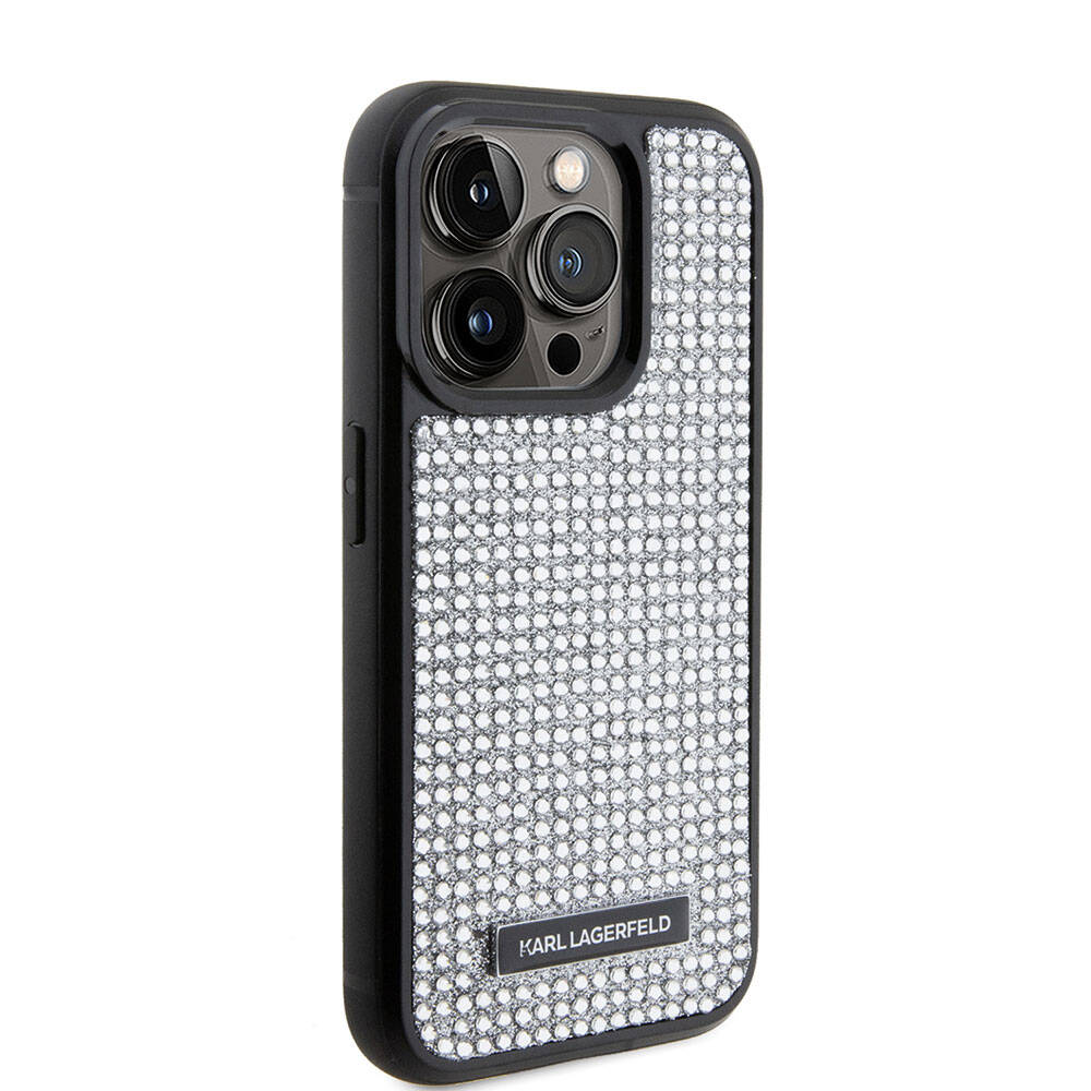 iPhone 15 Pro Kılıf Karl Lagerfeld Taşlı Metal Logo Orijinal Lisanslı Kılıf
