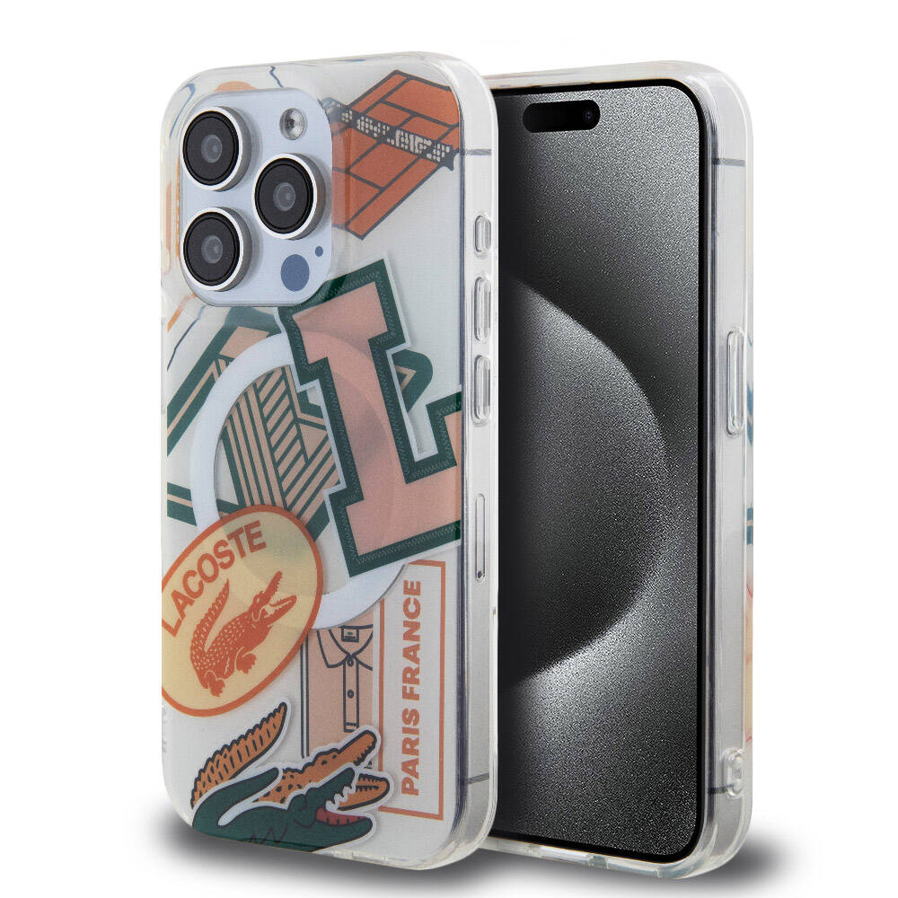 iPhone 15 Pro Kılıf Lacoste Orijinal Lisanslı M-safe Şarj Özellikli Çift Katmanlı Yamalar Desenli Kılıf