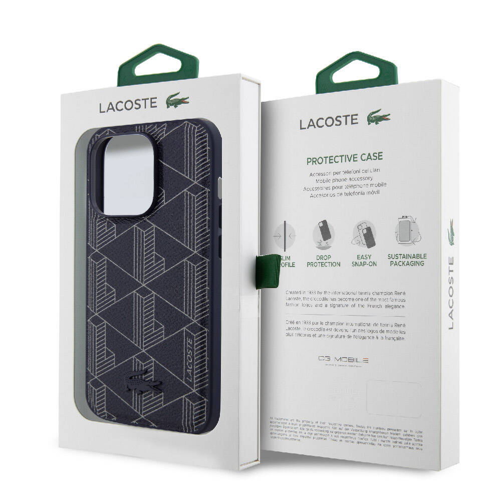 iPhone 15 Pro Kılıf Lacoste Orijinal Lisanslı M-safe Şarj Özellikli PU Deri Görünümlü Karışık Monogram Desenli Kılıf