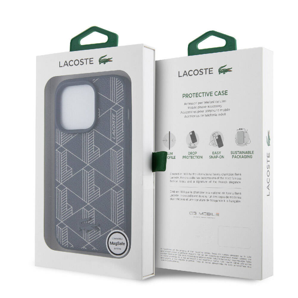 iPhone 15 Pro Kılıf Lacoste Orijinal Lisanslı M-safe Şarj Özellikli PU Deri Görünümlü Karışık Monogram Desenli Kılıf