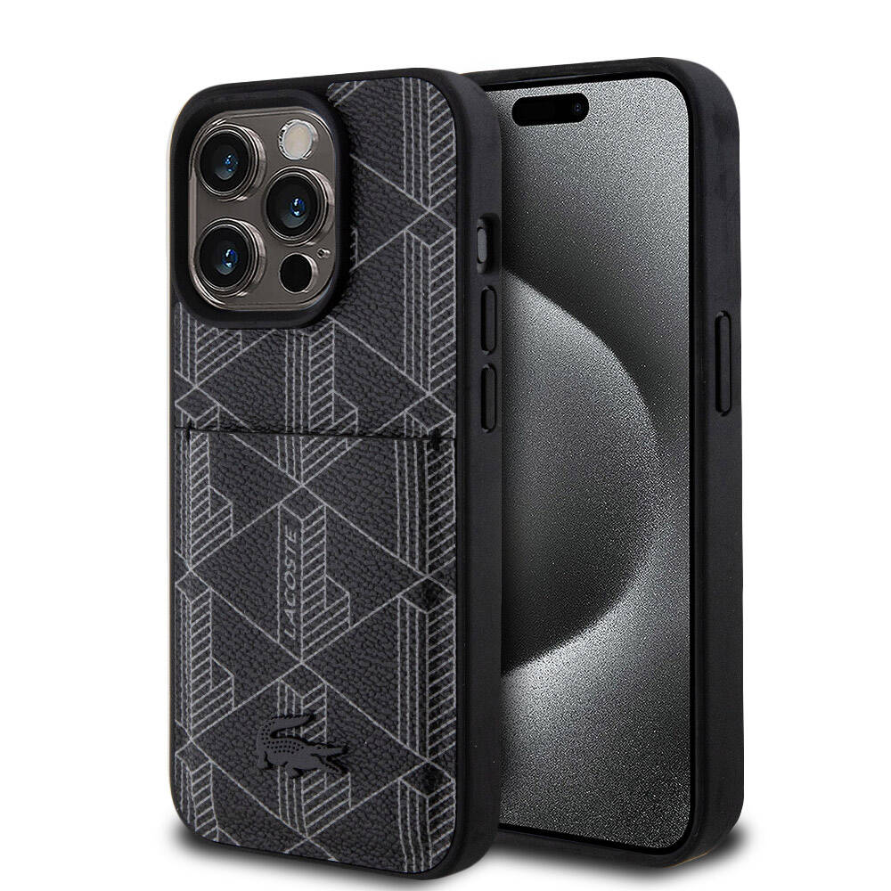 iPhone 15 Pro Kılıf Lacoste Orijinal Lisanslı M-safe Şarj Özellikli PU Deri Görünümlü Kartlıklı Karışık Monogram Desenli Kılıf