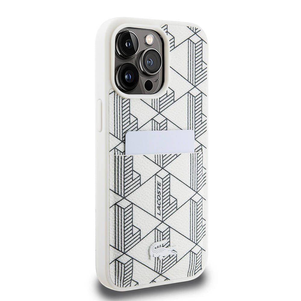 iPhone 15 Pro Kılıf Lacoste Orijinal Lisanslı M-safe Şarj Özellikli PU Deri Görünümlü Kartlıklı Karışık Monogram Desenli Kılıf