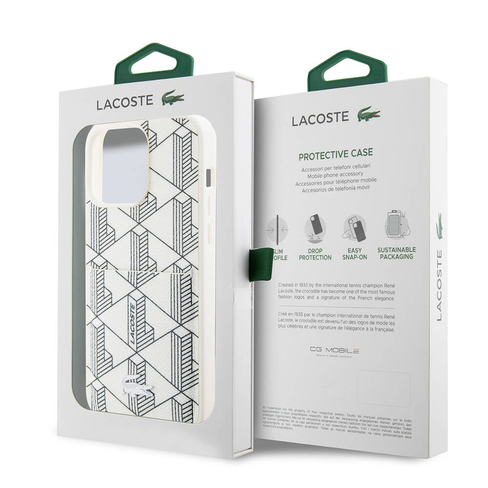 iPhone 15 Pro Kılıf Lacoste Orijinal Lisanslı M-safe Şarj Özellikli PU Deri Görünümlü Kartlıklı Karışık Monogram Desenli Kılıf