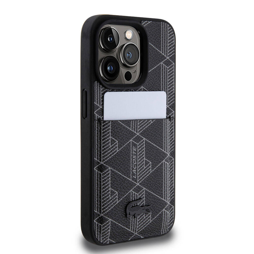 iPhone 15 Pro Kılıf Lacoste Orijinal Lisanslı M-safe Şarj Özellikli PU Deri Görünümlü Kartlıklı Karışık Monogram Desenli Kılıf