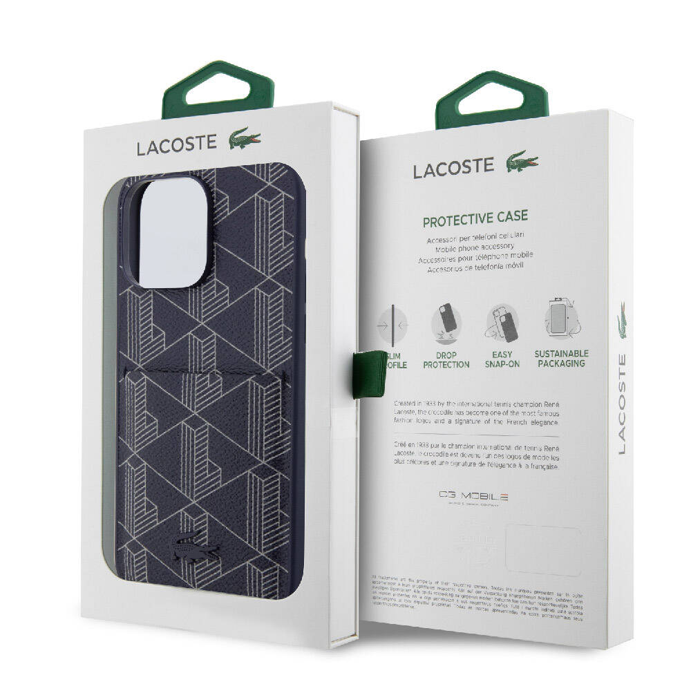 iPhone 15 Pro Kılıf Lacoste Orijinal Lisanslı M-safe Şarj Özellikli PU Deri Görünümlü Kartlıklı Karışık Monogram Desenli Kılıf