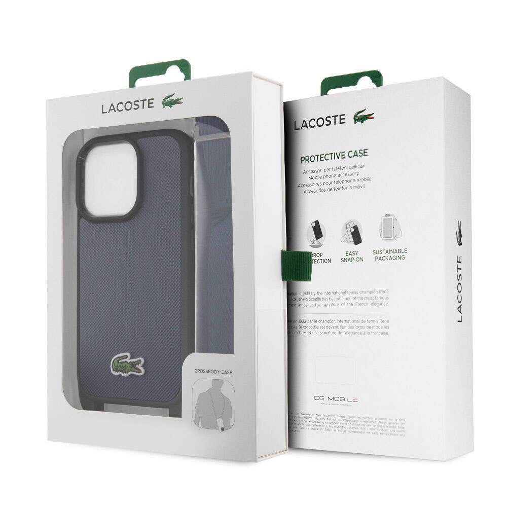 iPhone 15 Pro Kılıf Lacoste Orijinal Lisanslı PU Pike Desenli Arka Yüzey Askılı İkonik Timsah Dokuma Logolu Kılıf