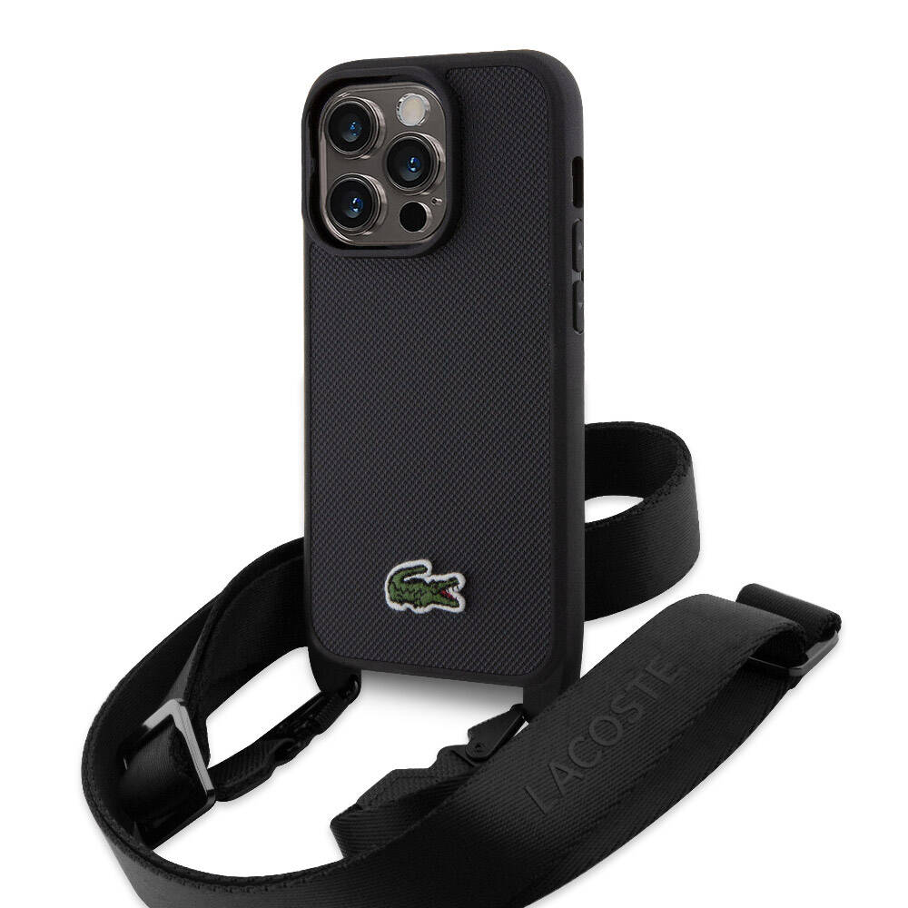 iPhone 15 Pro Kılıf Lacoste Orijinal Lisanslı PU Pike Desenli Arka Yüzey Askılı İkonik Timsah Dokuma Logolu Kılıf