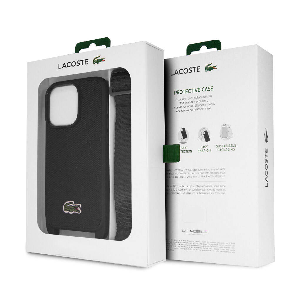 iPhone 15 Pro Kılıf Lacoste Orijinal Lisanslı PU Pike Desenli Arka Yüzey Askılı İkonik Timsah Dokuma Logolu Kılıf