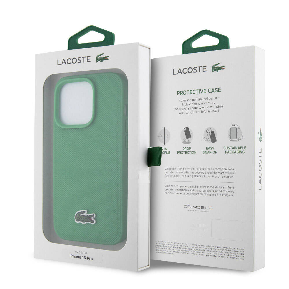 iPhone 15 Pro Kılıf Lacoste Orijinal Lisanslı PU Pike Desenli Arka Yüzey İkonik Timsah Dokuma Logolu Kılıf