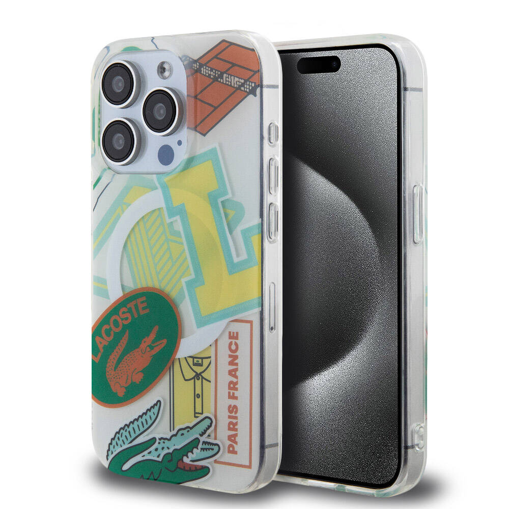 iPhone 15 Pro Kılıf Lacoste orijinal Lisanslı M-safe Şarj Özellikli Çift Katmanlı Yamalar Desenli Kılıf