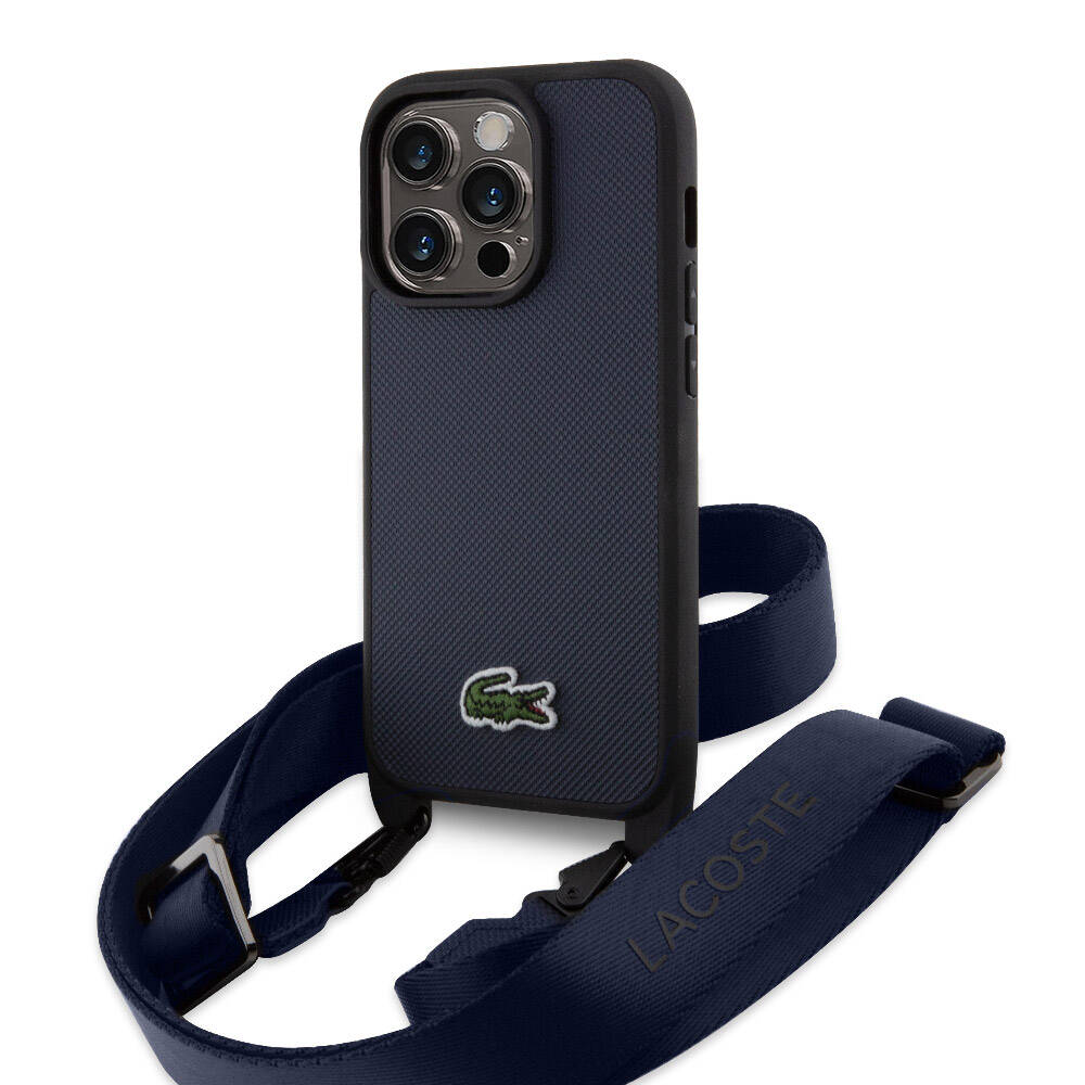iPhone 15 Pro Kılıf Lacoste orijinal Lisanslı PU Pike Desenli Arka Yüzey Askılı İkonik Timsah Dokuma Logolu Kılıf